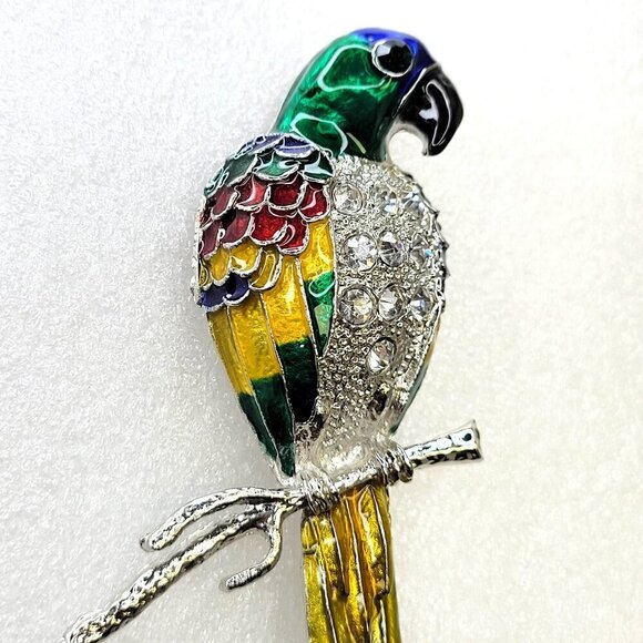 Huge Tropical Parrot Bird Blue Green Guilloche Enamel Rhinestones Brooch - Picture 2 of 16
